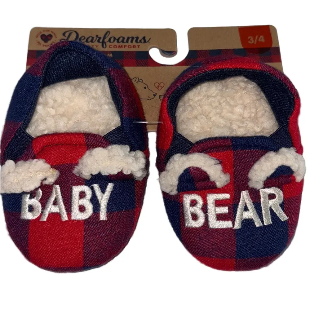 Dearfoams Baby Bear Red Blue Plaid Baby Slippers Memory Foam Size 3/4